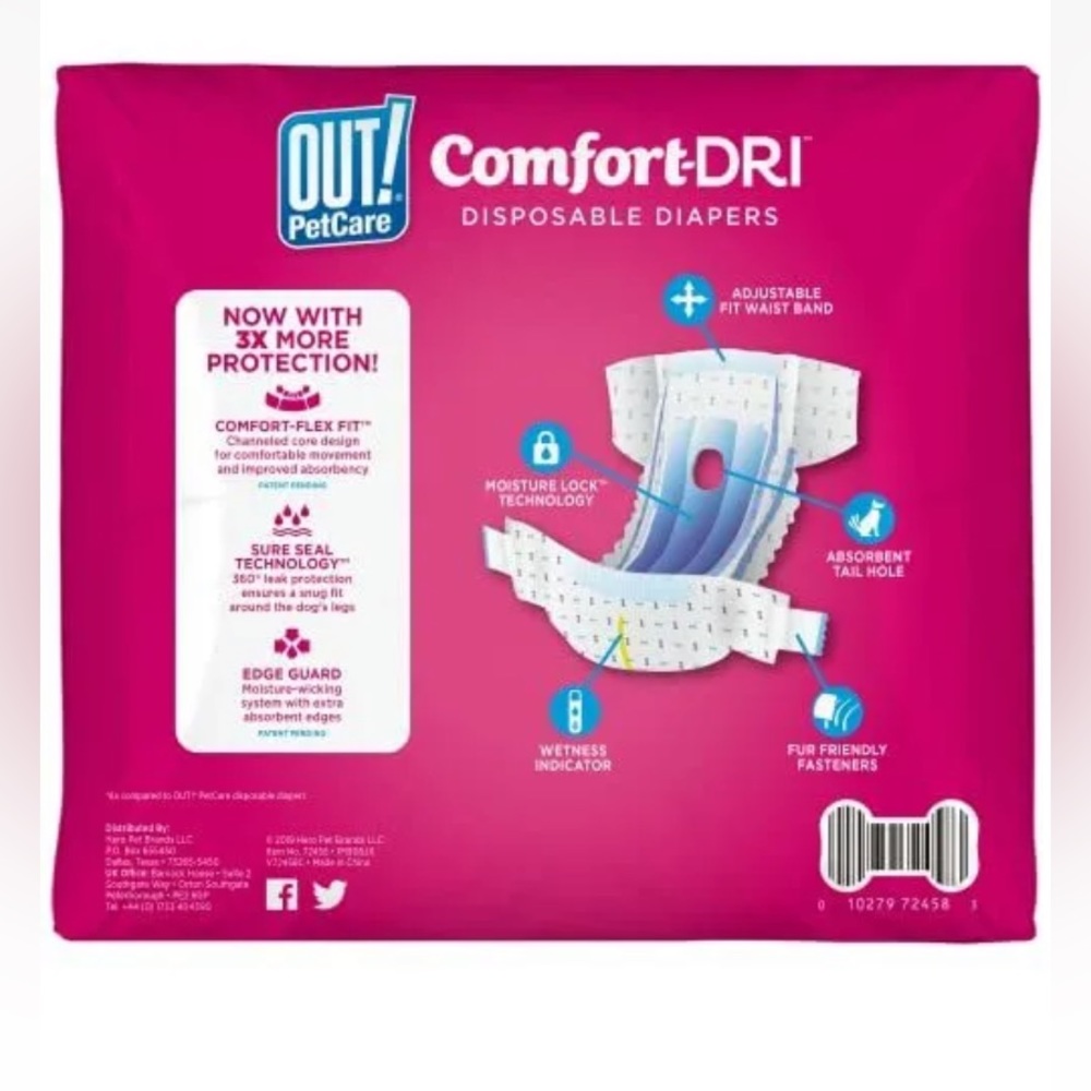 🐶OUT! PET CARE🐶 COMFORT-DRY DISPOSABLE DIAPERS W/ ODOR CONTROL, EDGE GUARD